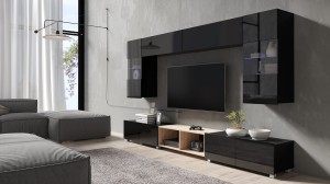 Wohnwand Calabrini 24 schwarz hochglanz/ artisan eiche