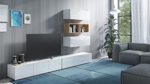 Wohnwand Calabrini 27 weiß hochglanz/golden oak