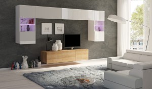 Wohnwand Calabrini 2 weiß hochglanz/ golden oak