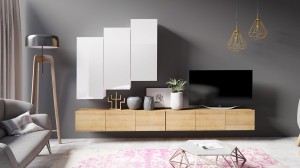 Wohnwand Calabrini 20 weiß/ weiß hochglanz/ golden oak